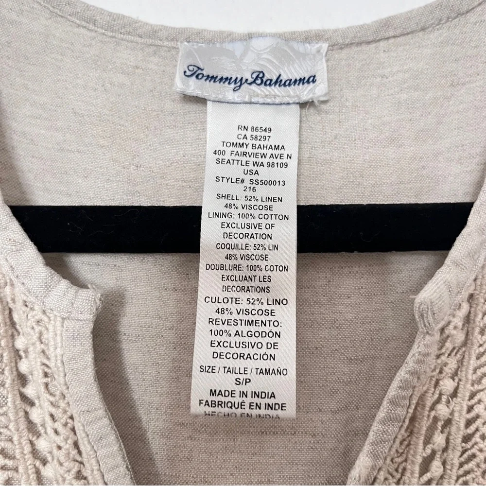 Tommy Bahama St. Lucia Linen Tan Eyelet Mini Dress Coastal Balloon Sleeve Size S - Picture 6 of 10